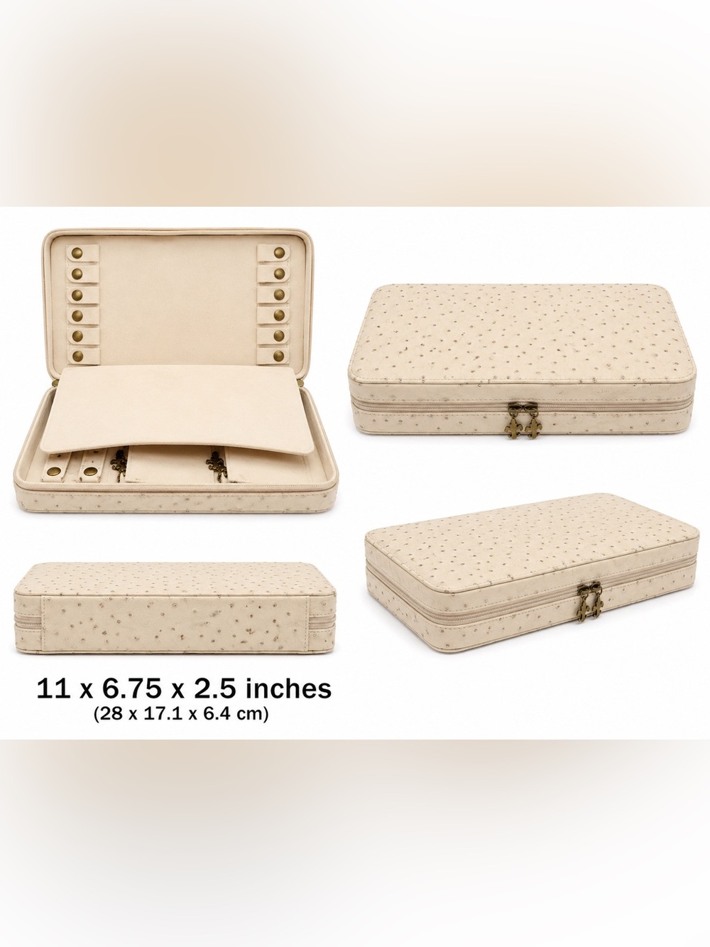 Vintage Cream Ostrich Style Jewelry Travel Case Organizer Zip Box